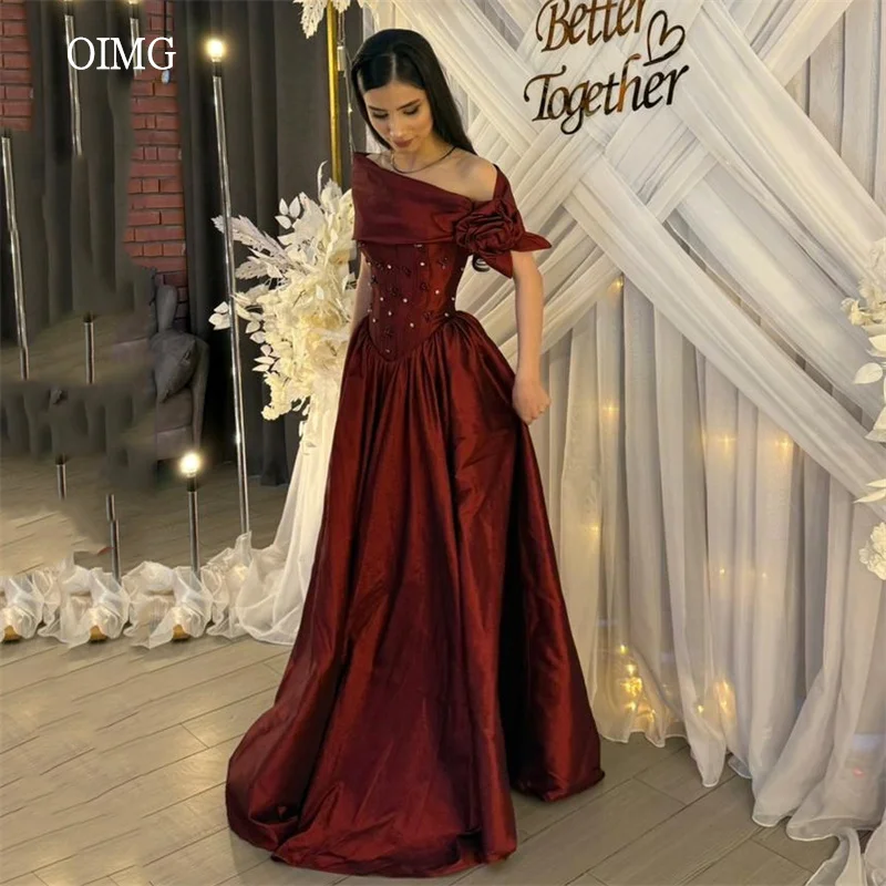 OIMG Burgundy 3D Flower Off The Shoulder A Line Prom Gowns Beaded Party Gown Floor Length Gala-ready Evening Dress Customized