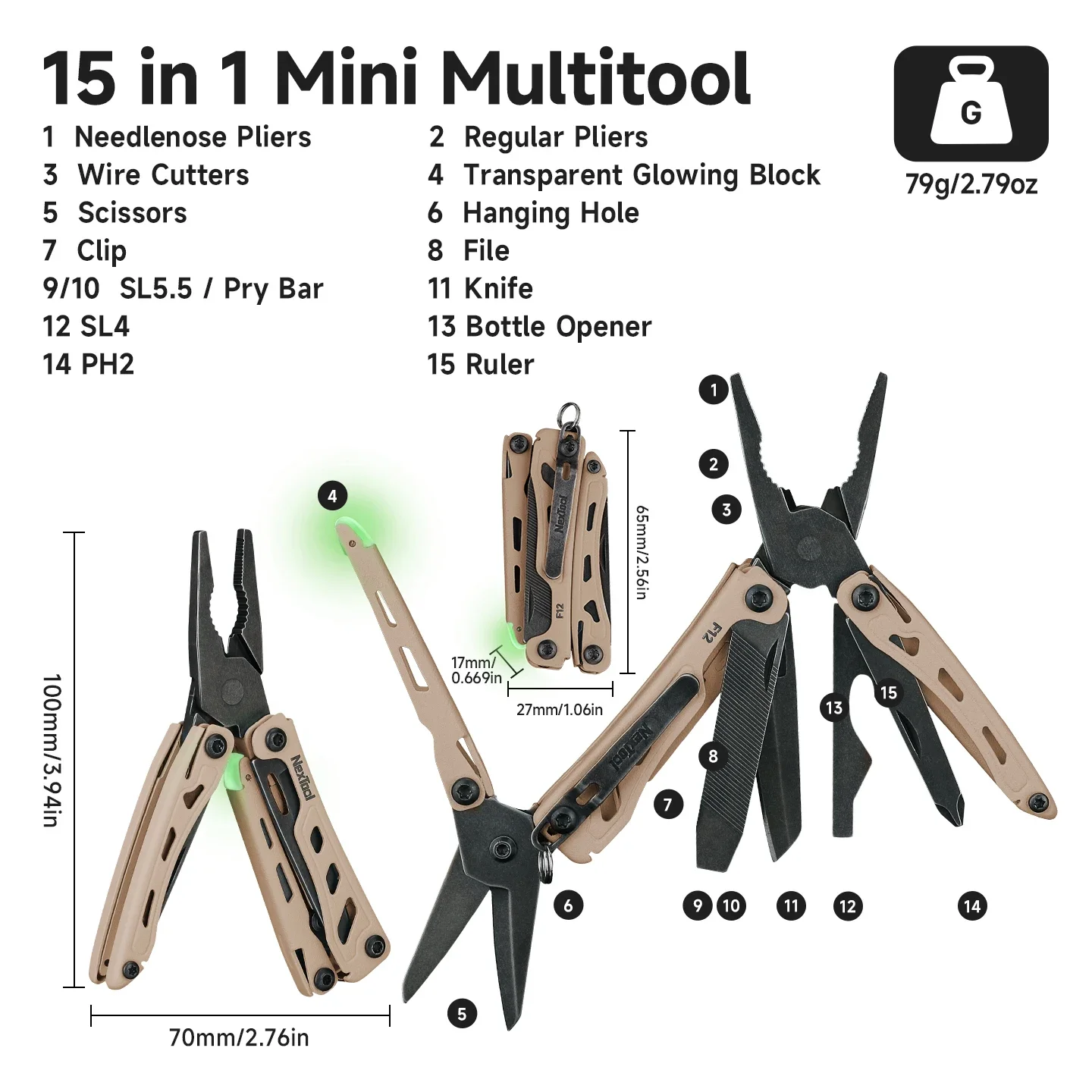 NexTool Mini Flagship F12 Keychain Multitool 15-in-1 Folding EDC Tool Scissors Plier Screwdriver File Ruler Small OutdoorTools
