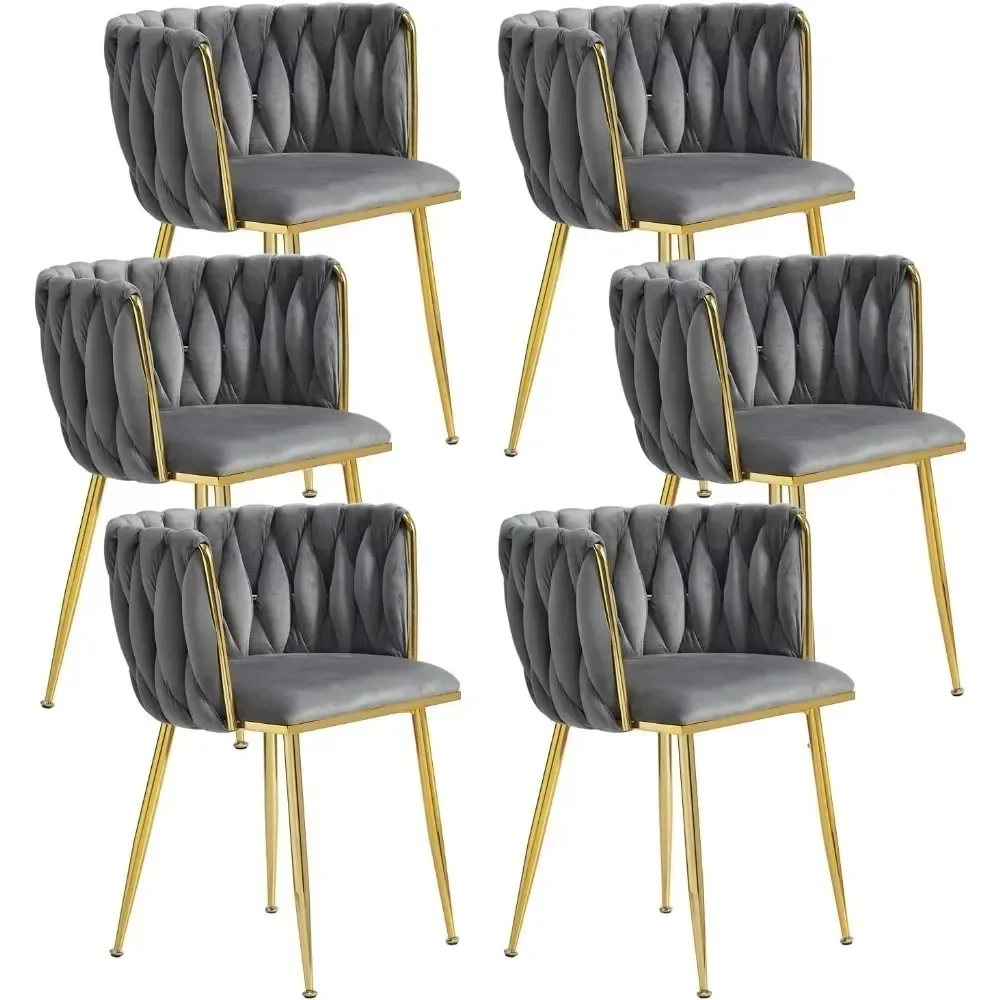 Velvet Dining Chairs Set of 6, Gold Modern Chair with Metal Legs, Woven Upholstered Chairs for Dining Room