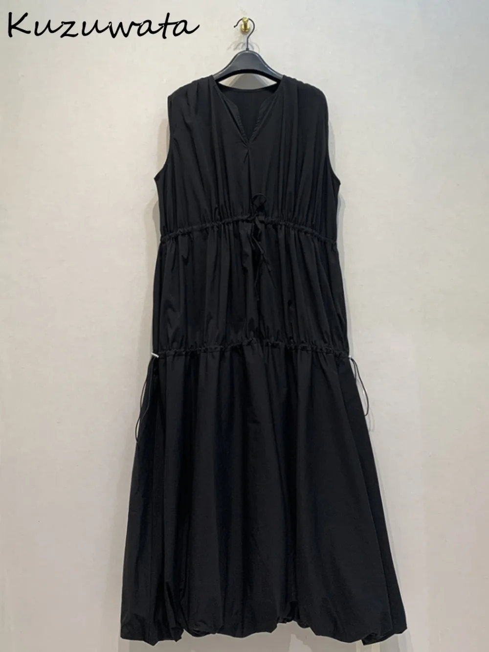 

Kuzuwata Vintage V Neck Sleeveless Casual Vestidos Vintage Slim Fit Stretch Waist Robe Japan New Lazy Moda Drawstring Vest Dress