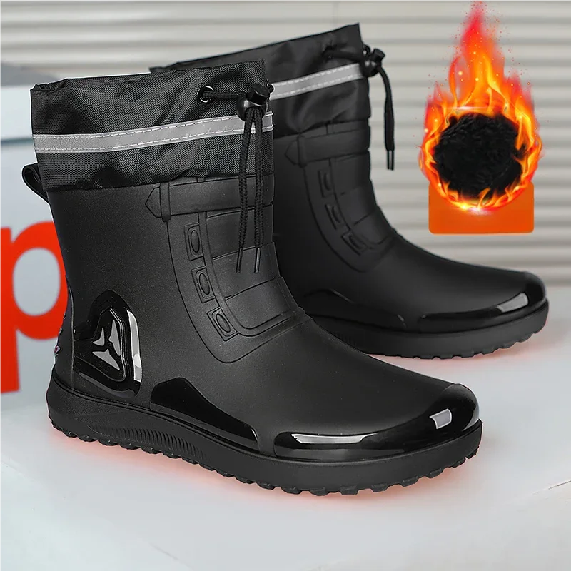 Men's hight top casual cotton rain boots winter new light waterproof anti-slip outdoor wading water shoes warm plush rain shoes