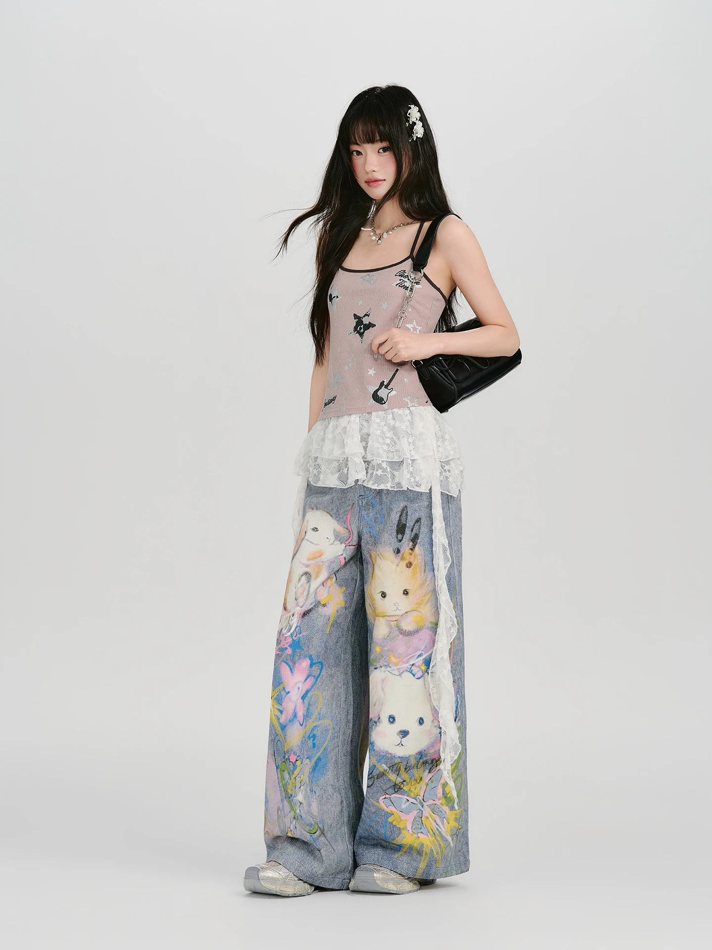 Girlyhalo American Retro Smear Cartoon Print Jeans Women Summer New Sweet Cool Loose Wide Leg Long Pants Natural Waist