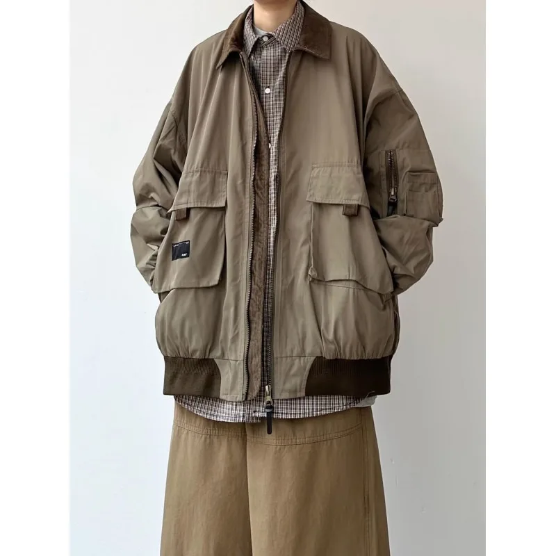 Men Contrast Collar Cargo Bomber Jacket Multi Zipper Pockets Oversized Retro Workwear Windbreaker Streetwear Male Outer Coat