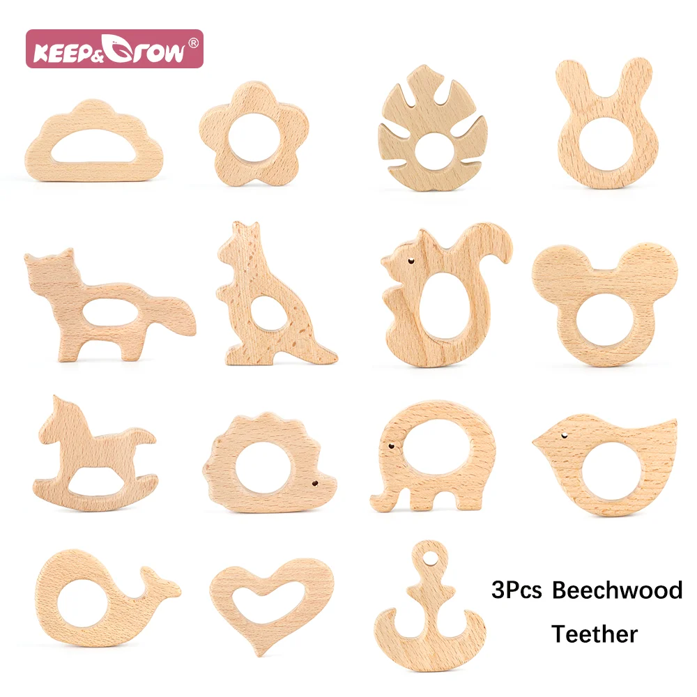 3Pcs/Set Animals Wooden Teether Natural Beech Wood Pendant Safety Environment Baby Teething Toys Pacifier Chain Accessories