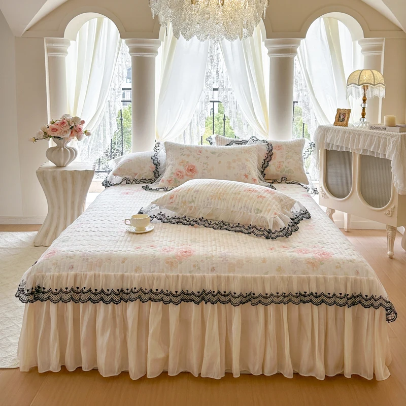 AIWINSURE-Cotton Quilted Bedspread, Queen King Size, with 2 Pillowcases, Lace Ruffle Bedskirt, 3pcs Set, Soft and Breathable