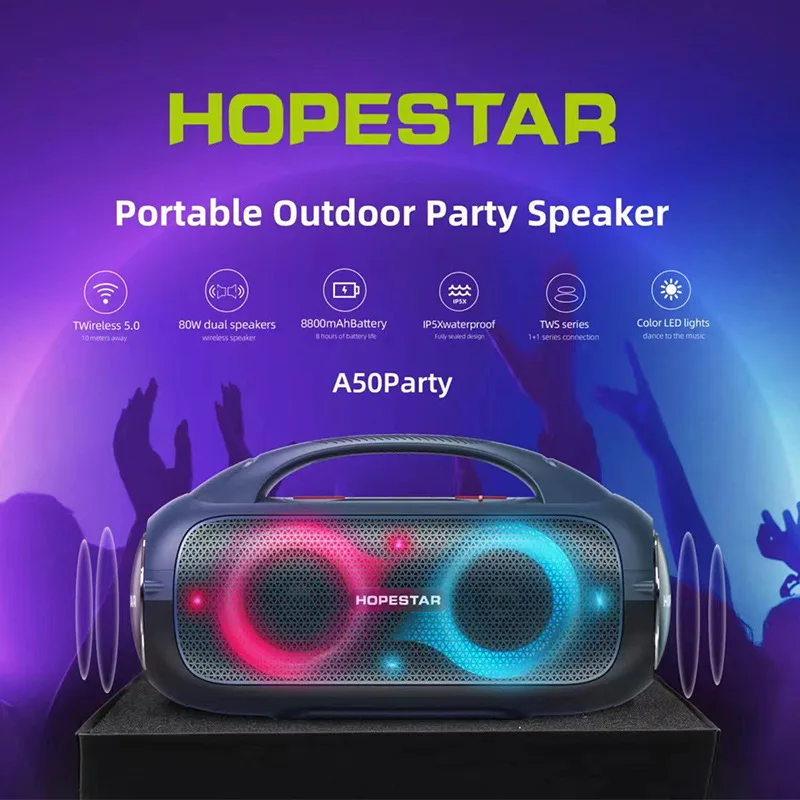 HOPESTAR A50 altavoz Bluetooth de alta potencia para fiesta 80W subwoofer para vehículo atmósfera de Color RGB Iight altavoz portátil para exteriores FM