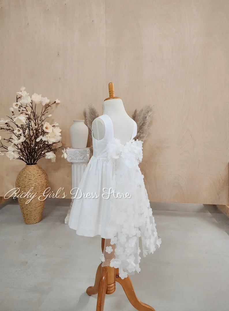 White Satin Flower Girl Dress High Neck Wedding Party Dress First Communion Knee-Length Appliques Birthday Custom Color