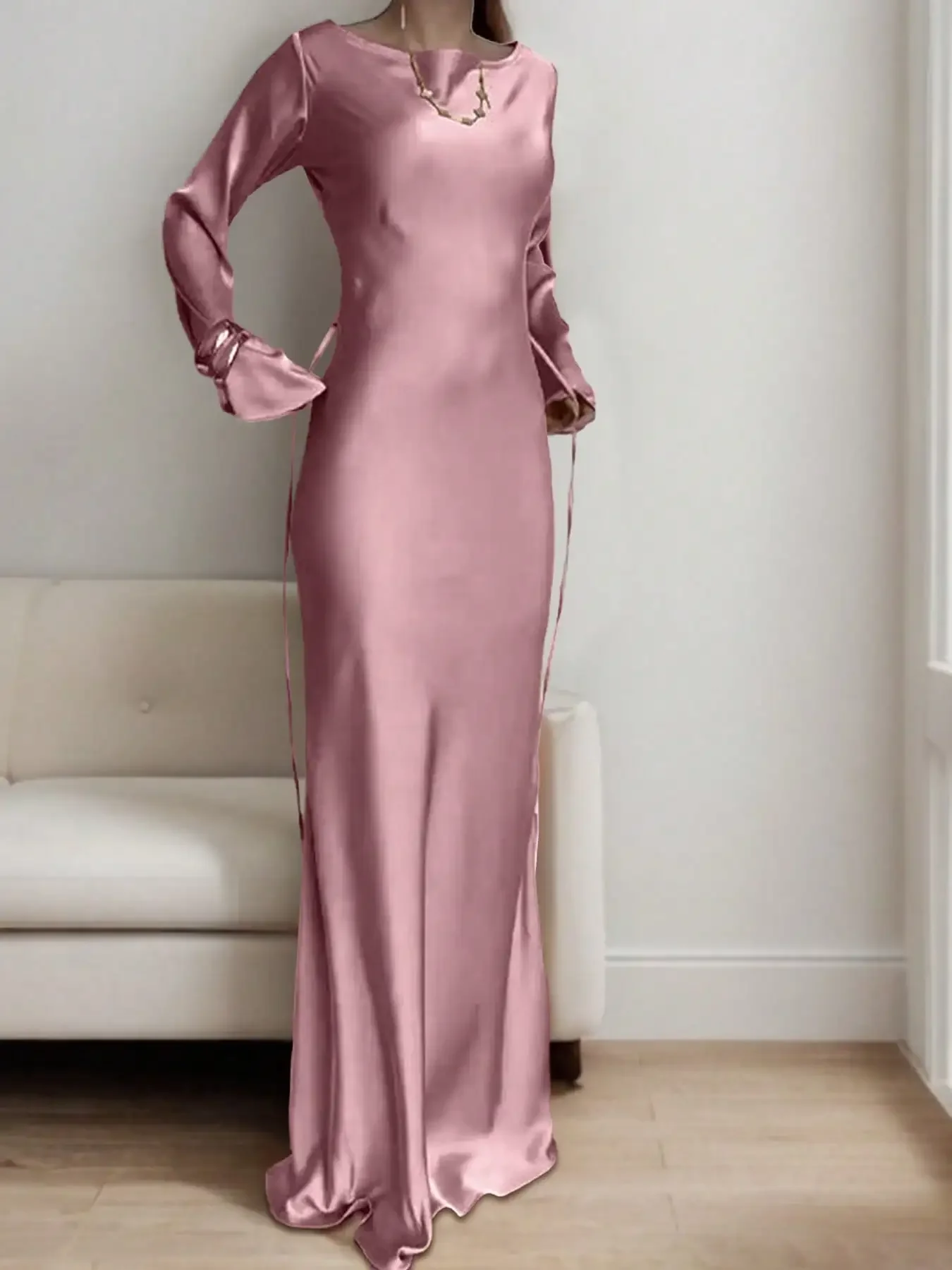 Maßgeschneidertes Satin-Maxikleid für Damen mit Korsett-Taillenband, klassischem Rundhalsausschnitt und dramatischen ausgestellten Ärmeln, luxuriöses Abendkleid 2026