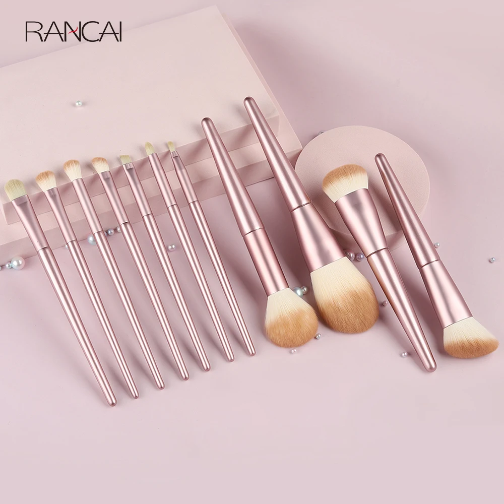 RANCAI Pro Cosmetics 11 Pcs Pink Makeup Brushes Set Soft Hair Foundation Kabuki Powder Eyeshadow Make Up Brush Beauty Tools Kits