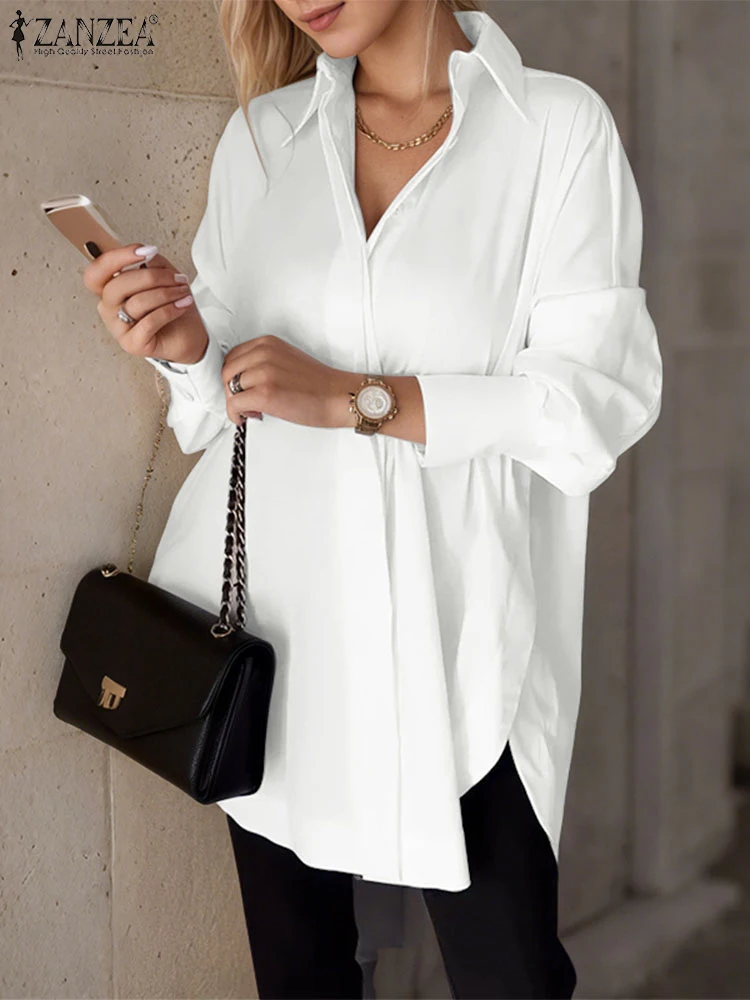 

ZANZEA Women Shirts Fashion Long Sleeve Tops 2025 Casual Loose Lapel Neck Tunics Solid Split Blusas Elegant OL Work Cardigans