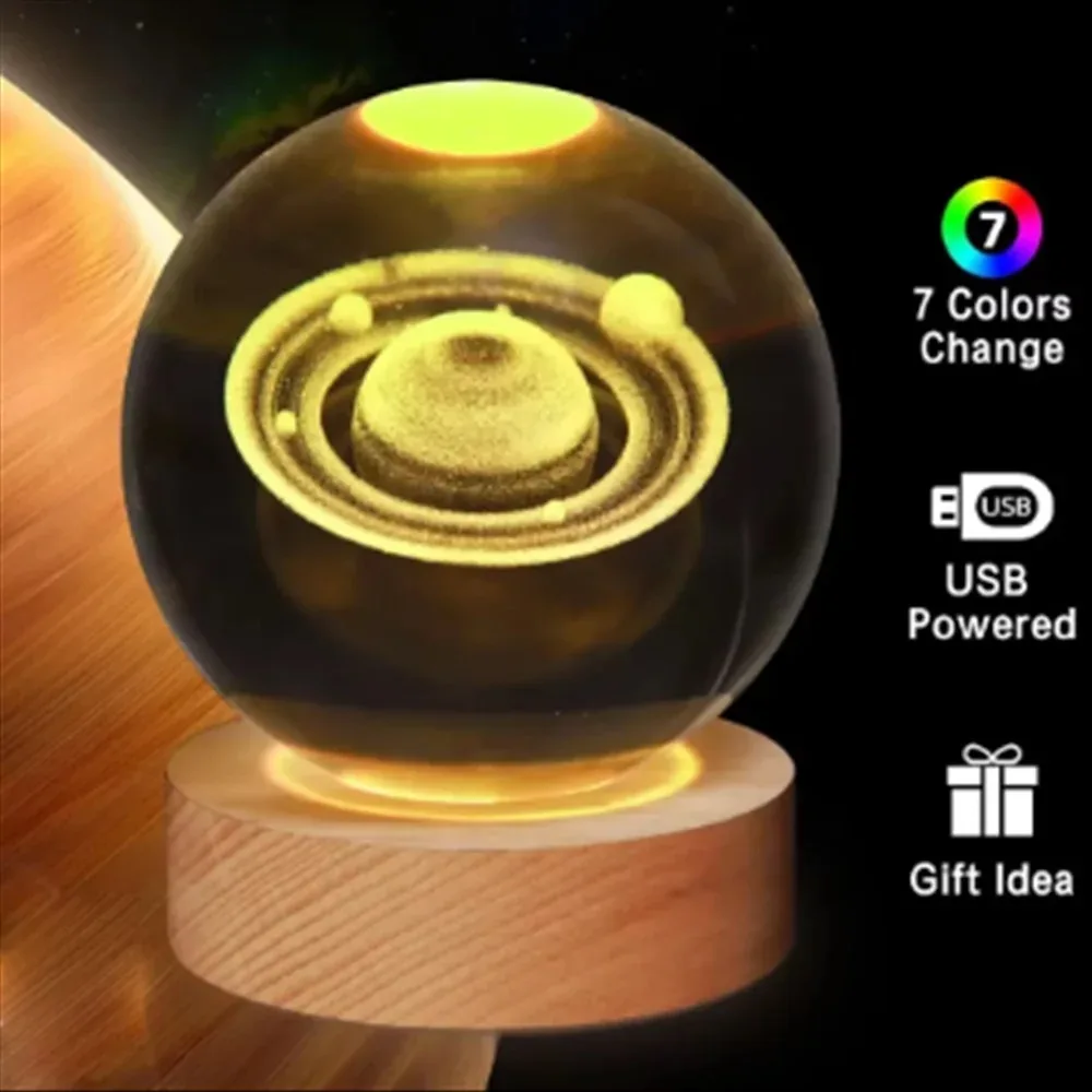 銀河と惑星の投影が楽しめるユニークな3Dクリスタルボールランプ、USB 7色ナイトライトで心地よい雰囲気を演出するプラズマボール