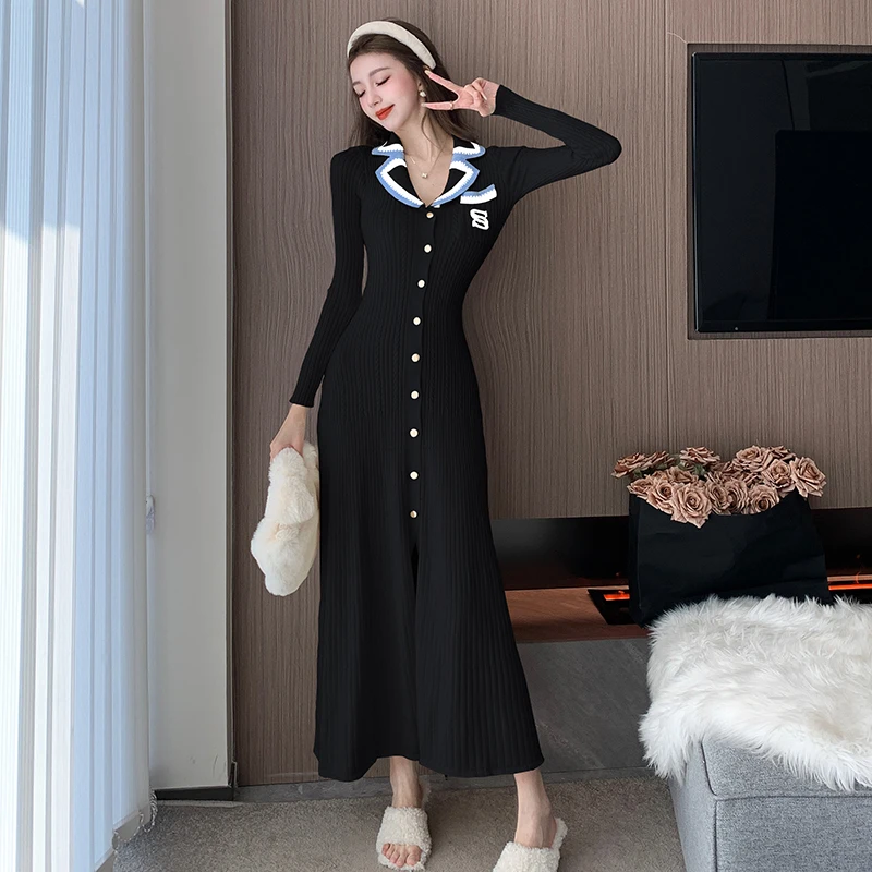 Women French Knitted Single-Breasted Long Sleeve V Neck Elastic Slim Dress Autumn Winter Warm Sweater Dress Female Clothing - Image 4