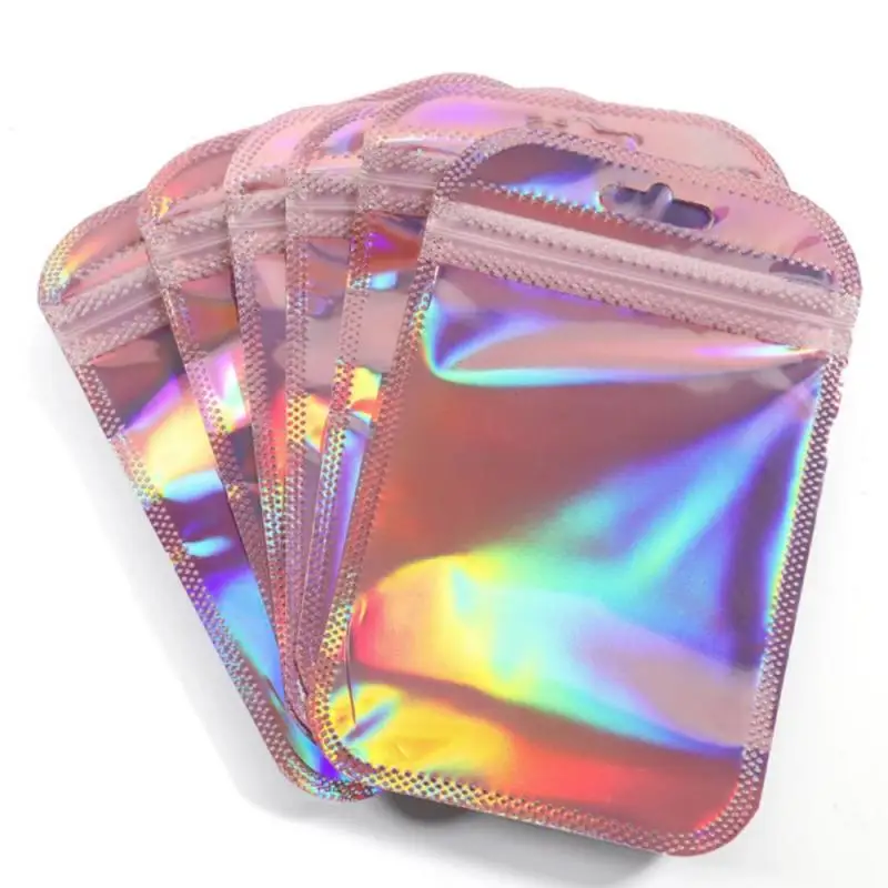 50pcs/lot Pink White Laser Ziplock Bags Reusable Plastic Transparent Bags For Jewelry Packaging Cosmetic Retail Display Bags