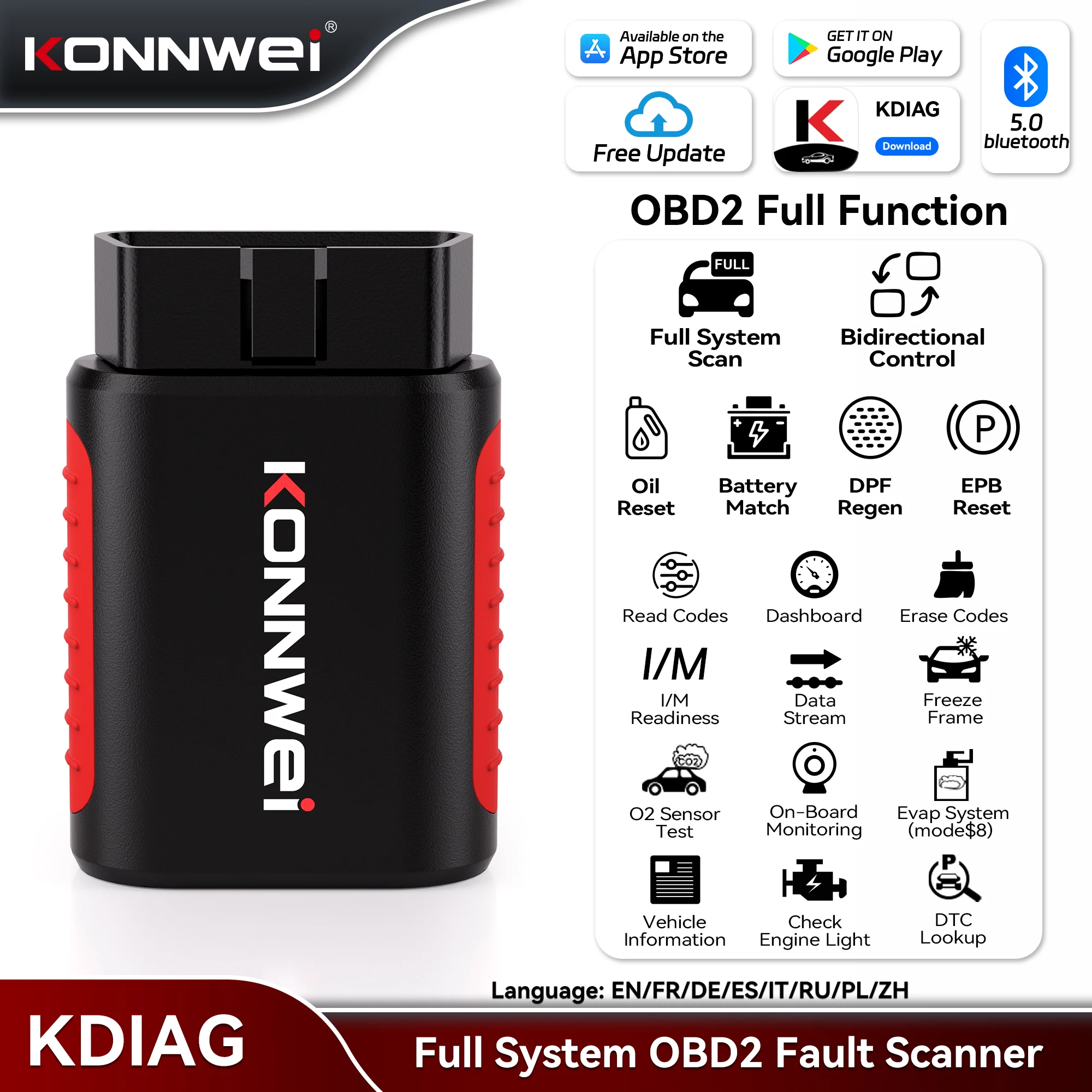KONNWEI KDIAG Full System Auto Scanner Reset SAS EPB Service ECU Programmer Lifetime Free OBD2 Car Diagnostic Tool pk Thinkdiag