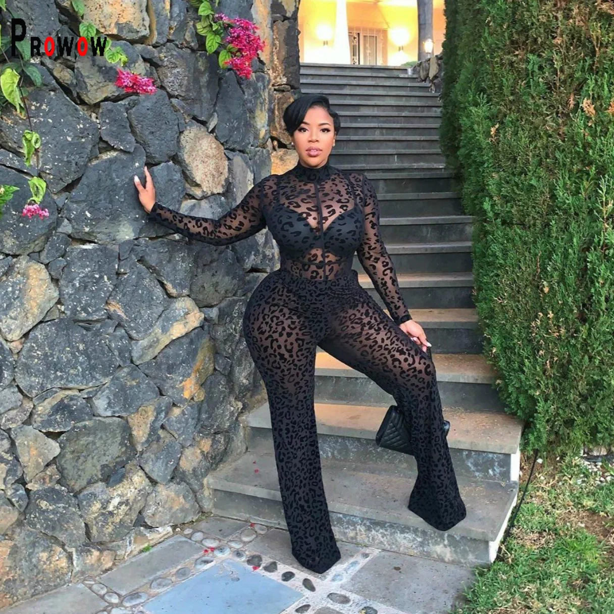 Prowow Sexy Sheer Mesh Women's Jumpsuits Black Long Sleeve Zipper Slim Fit Female Party Nightclub Wear One-piece Romper Clothing