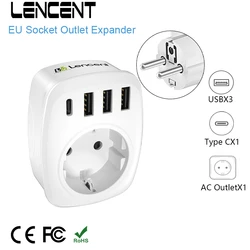 LENCENT EU Plug Outlet Expander ścienna ładowarka USB z 1 gniazdo elektryczne 3 porty USB i 1 typ C Adapter podróżny 4000W do podróży do domu