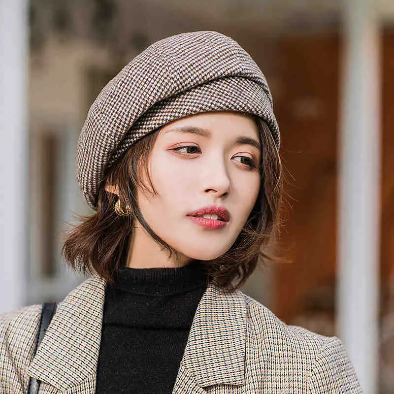 

Women Winter Autumn Warm Check Pattern French Artist Round Beret hat Cap Beanie