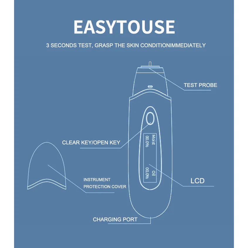 جهاز اختبار بشرة الوجه بشاشة رقمية محمولة، جهاز تحليل المياه والزيت، محلل رطوبة البشرة والزيت بتقنية البلوتوث #3