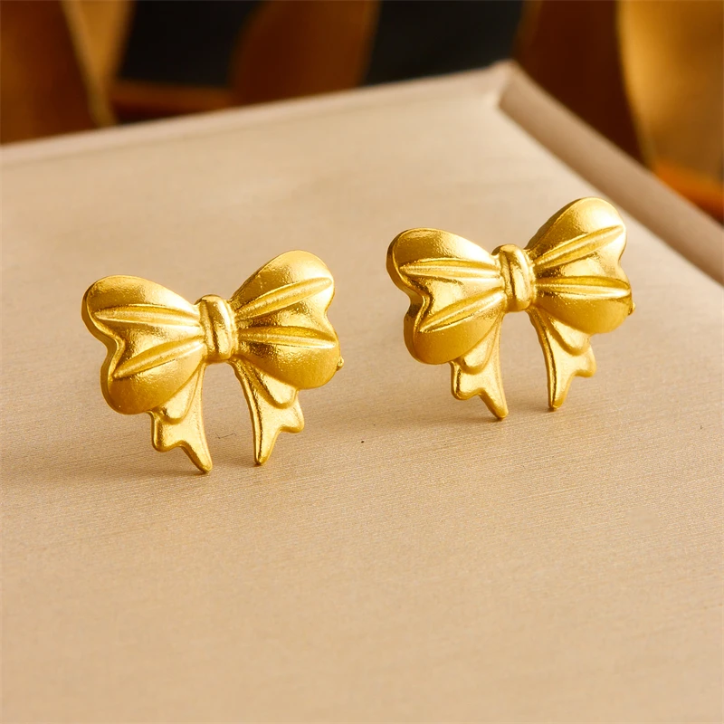 DIEYURO 316L Stainless Steel Round Rhinestone Golden Bowknot Necklace Earrings Bracelet Suit Girl New Trend Bow Jewelry Gift Set