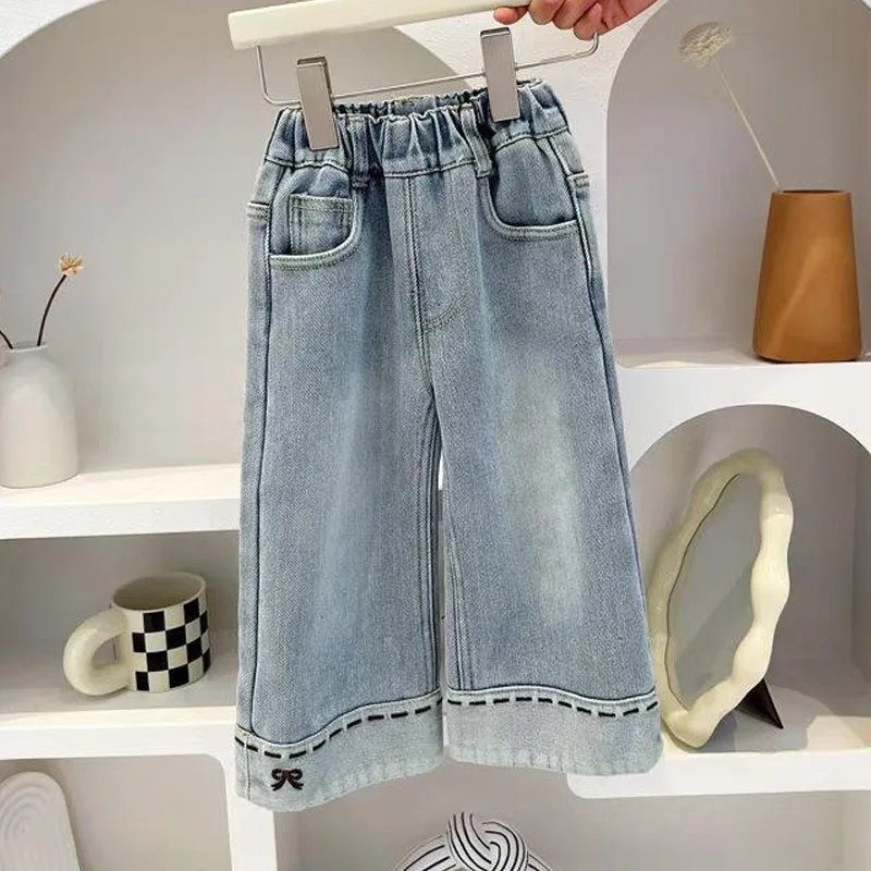 Autumn Winter Children Girls Jeans Cotton Integrated Kids Babys Girls Denim Pants Loose Bow Hem Toddler Little Girls Trousers