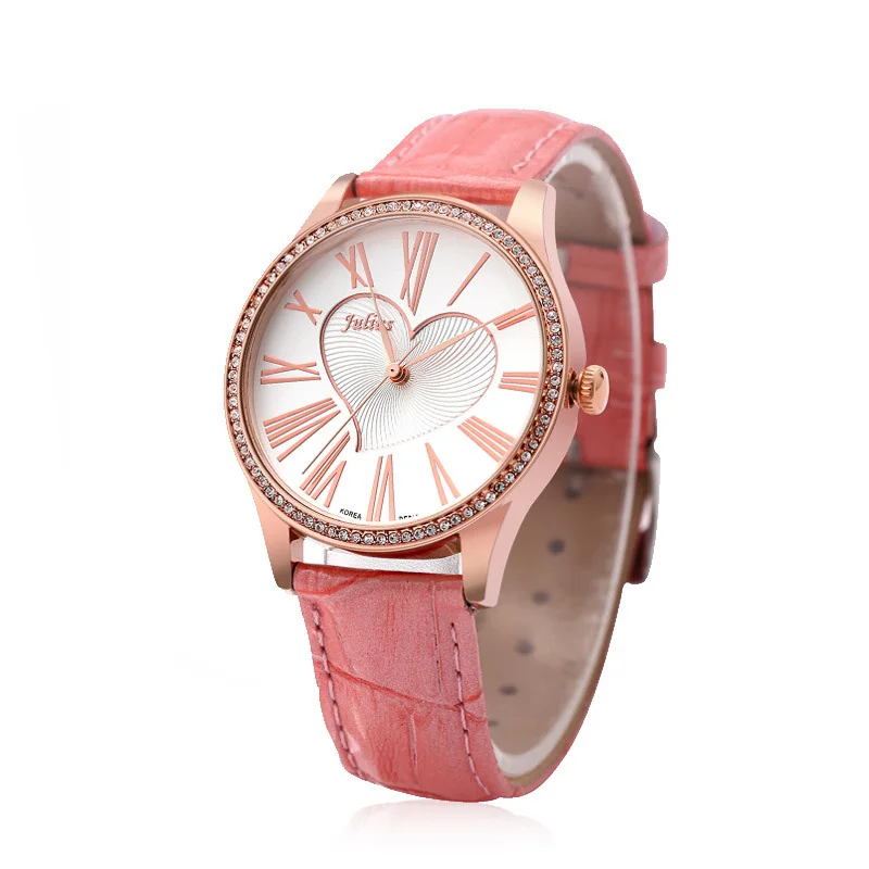 Top Lady Women's Watch Hours Japan Quartz Elegant Rhinestone Heart Fashion Clock Bracelet Real Leather Girl’s Gift Julius No Bo