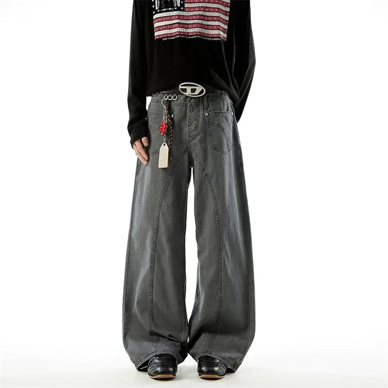 

Beige Grey Patchwork Design Men's High Quality Cargo Pants Loose Causal Wide Leg Trousers 2026 Fashion New Bottoms