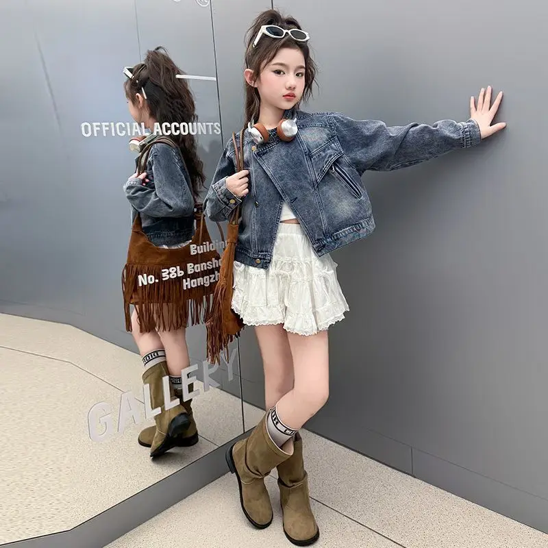 

Новинка весны 2025 года, стильная короткая джинсовая куртка для девочек, повседневная одежда для малышей ​