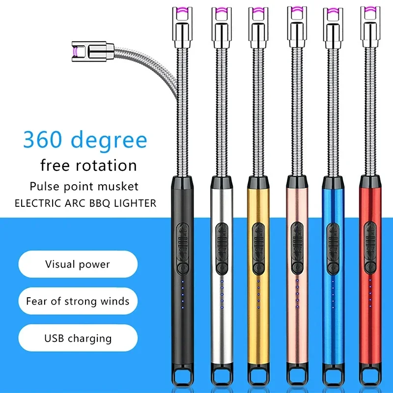 2024 USB 360° Kitchen Candle Gas Stove Plasma Pulse Electric Arc Lighter Outdoor Metal Windproof Power Display Hook Ignition Gun