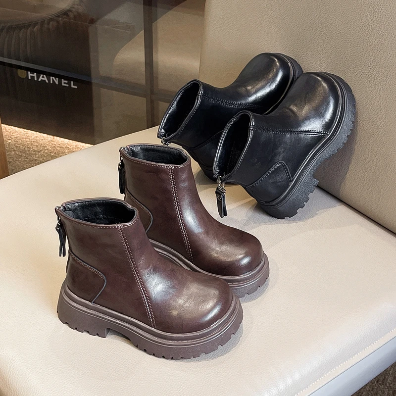 أحذية أطفال جديدة للخريف والشتاء للبنات، أحذية فردية، أحذية كبيرة، أحذية قصيرة مع الصوف، أحذية جلدية للفتيات