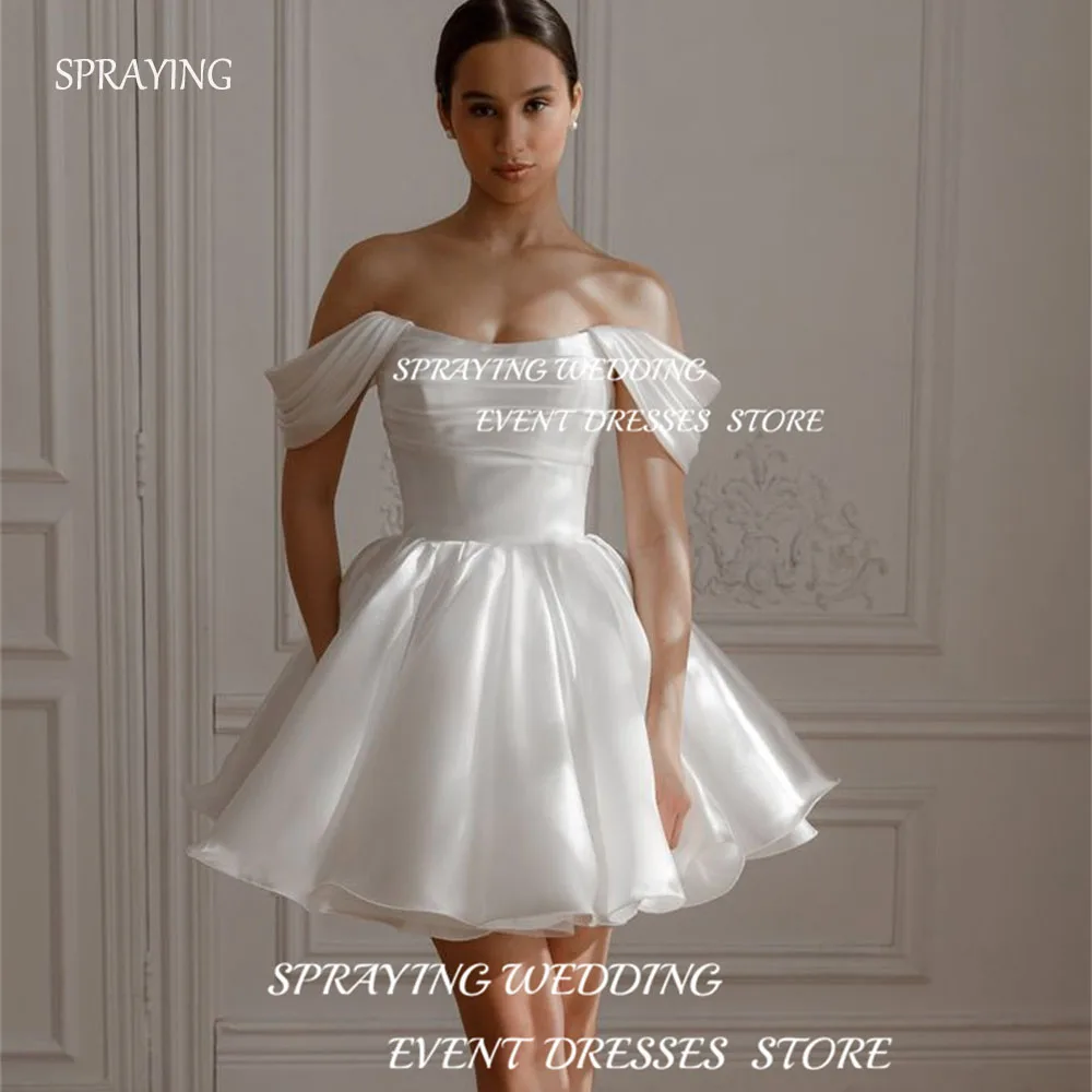 SPRAYING Women Mini Strapless Off the Shoulder Prom Dress Satin Knee-Length Short Pleat Corset Back Formal Party Dresses