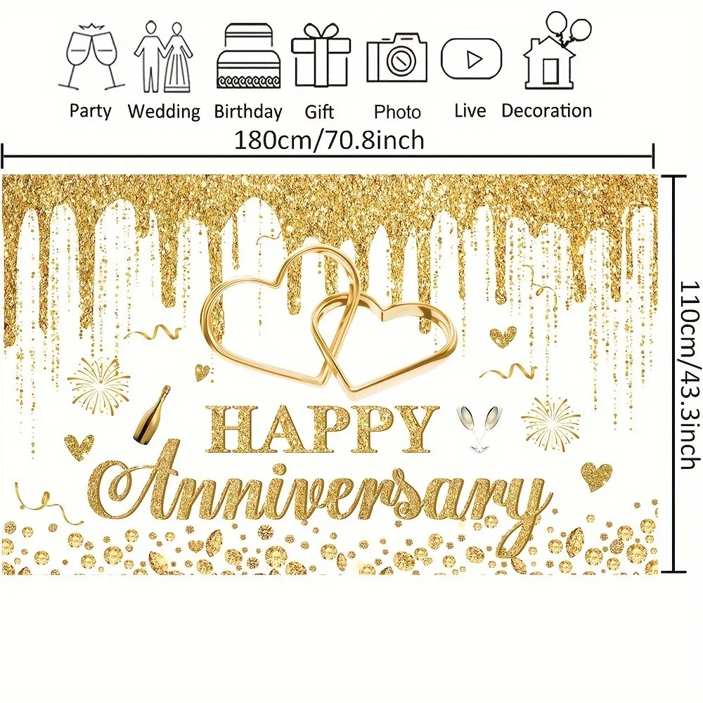 Happy Anniversary background Gold and white banner decoration, gold dripping glitter crystal photography background