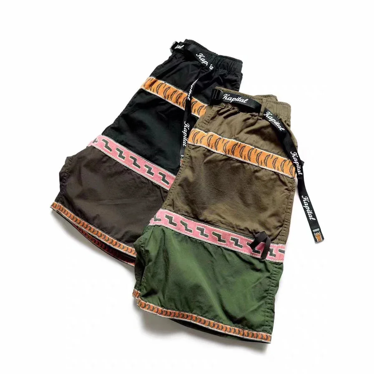 Kapital Hirata Retro Panel Summer Casual Striped Shorts American Waistband Elastic Printed Pants Loose Fit for Men and Women