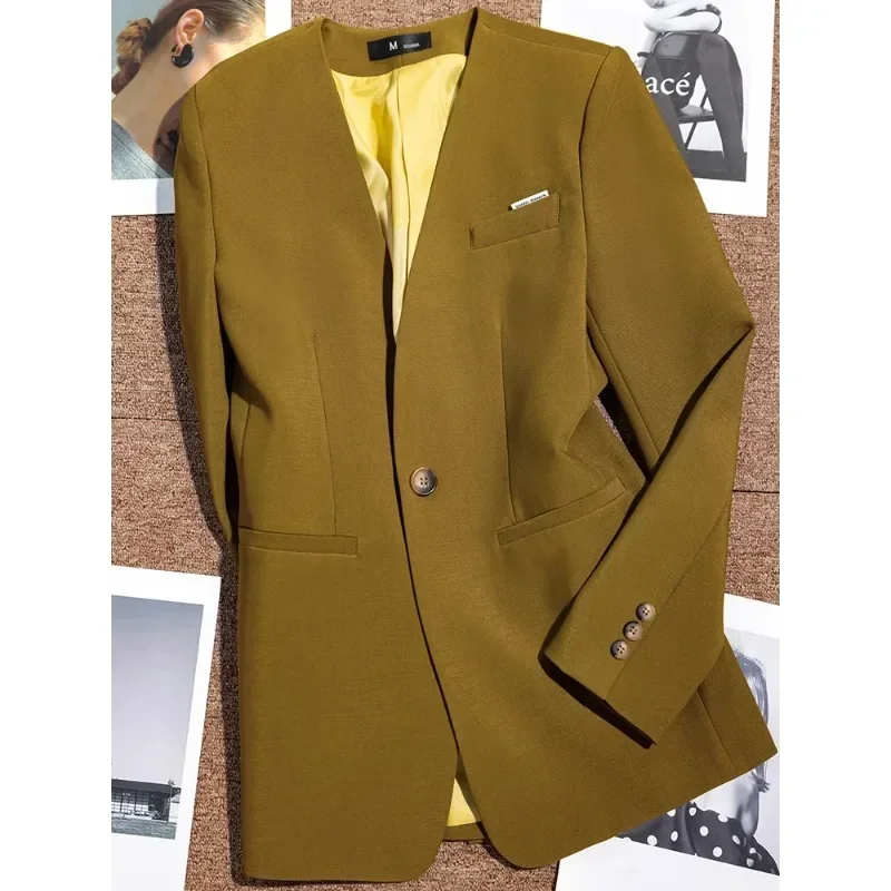 Blazer Formal wanita, jaket kerja bisnis wanita leher V lengan panjang musim gugur dan dingin, Blazer Formal wanita kuning merah muda