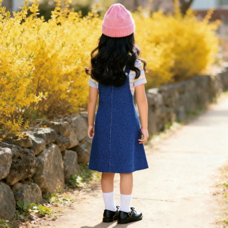 2025 new product, girls' imitation denim striped fake two-piece dress