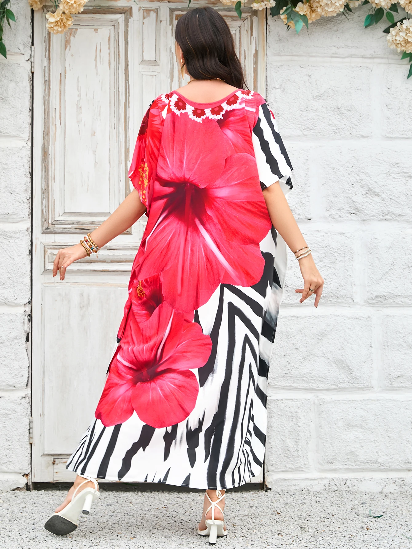 Sukienki kaftan dla kobiet plus size, narzutka na strój kąpielowy, sukienka z dekoltem w serek, rękaw nietoperz, luźny krój, marokański kaftan, sukienki mumu.