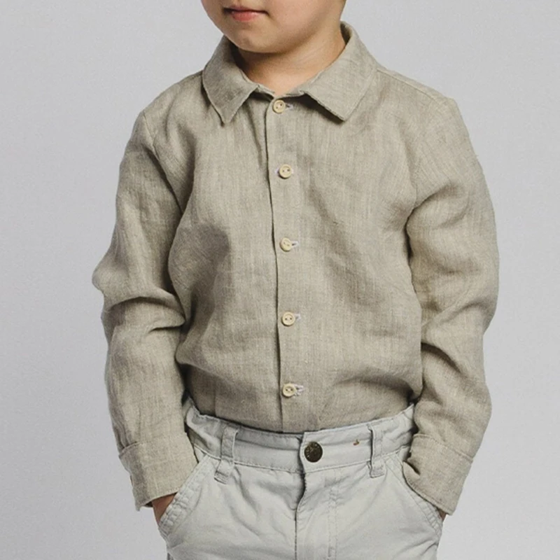 Spring Retro Cotton And Linen Boys Shirt With Wooden Buttons Casual New Children\'s Lapel Long-Sleeved Linen Shirts TZ429