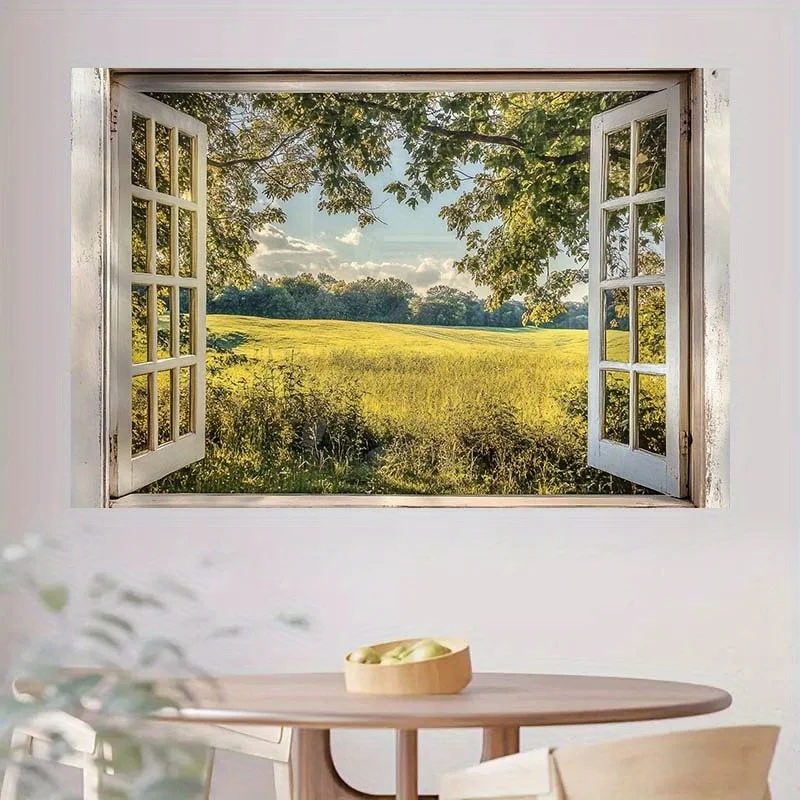 قطعة واحدة من ملصقات الحائط لمشهد النافذة الطبيعية الغامرة - تصميم نافذة مفتوحة واقعي مع الخضرة وأشعة الشمس