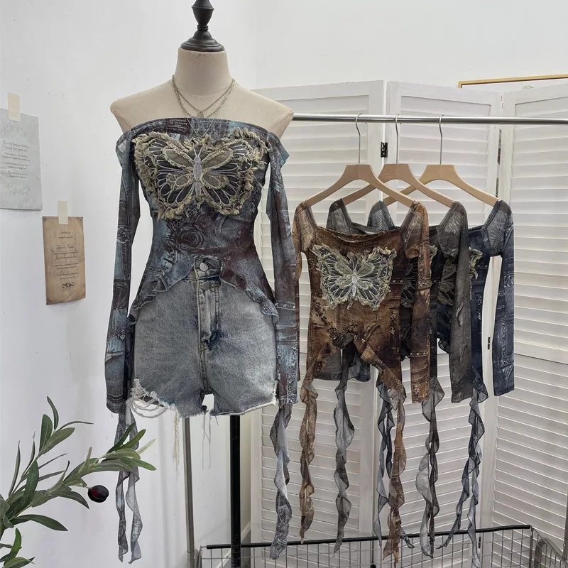 Women's Retro Raw Edge Butterfly Embroidery Y2k Long Sleeve Top Sexy Punk One-shoulder Tie dye Mesh Shirt Ribbon Short Top 1319