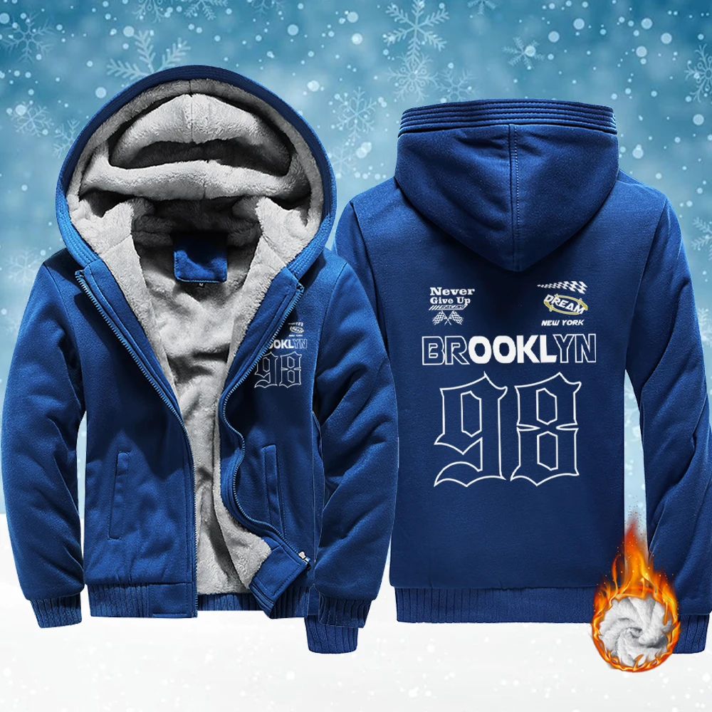 

Brooklyn New York номер 98, мужские флисовые модные куртки с принтом, базовая зимняя толстовка с капюшоном, утепленное теплое пальто, удобная спортивная одежда на молнии