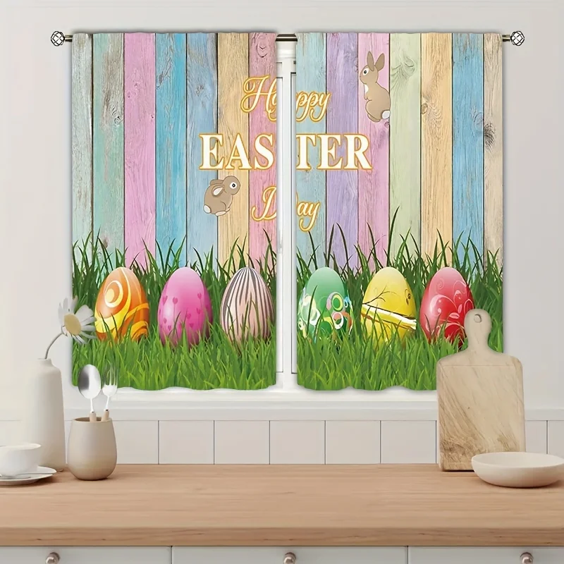 

2pcs Wood Grain Easter Egg Bunny Print Curtains Bedroom Living Room Dining Room Holiday Decorative Curtains Kids Gifts