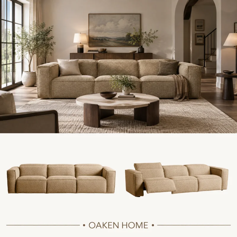 OAKEN Arhaus Style Customizable Coburn Three-Piece Motion Sofa Living Room Minimalist Straight Couch Expert Power Recliner Sofa