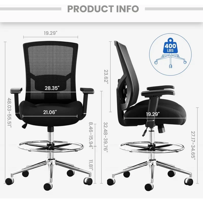 Tall  Standing Desk,400 lbs, Extra Wide 21 inch Cushion, Ergonomic with Pressure Locking Casters, Adjustable Lumbar Support,