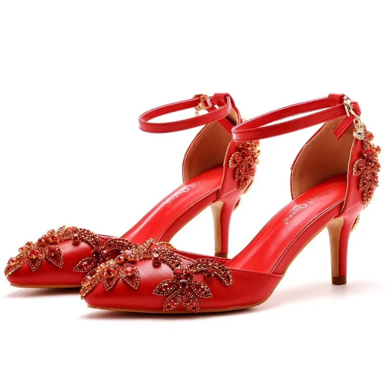 Letnie sandały damskie na wysokim obcasie Rhinestone PU 7CM na cienkim obcasie pasek z klamrą dojrzałe buty damskie złoty żółty moda
