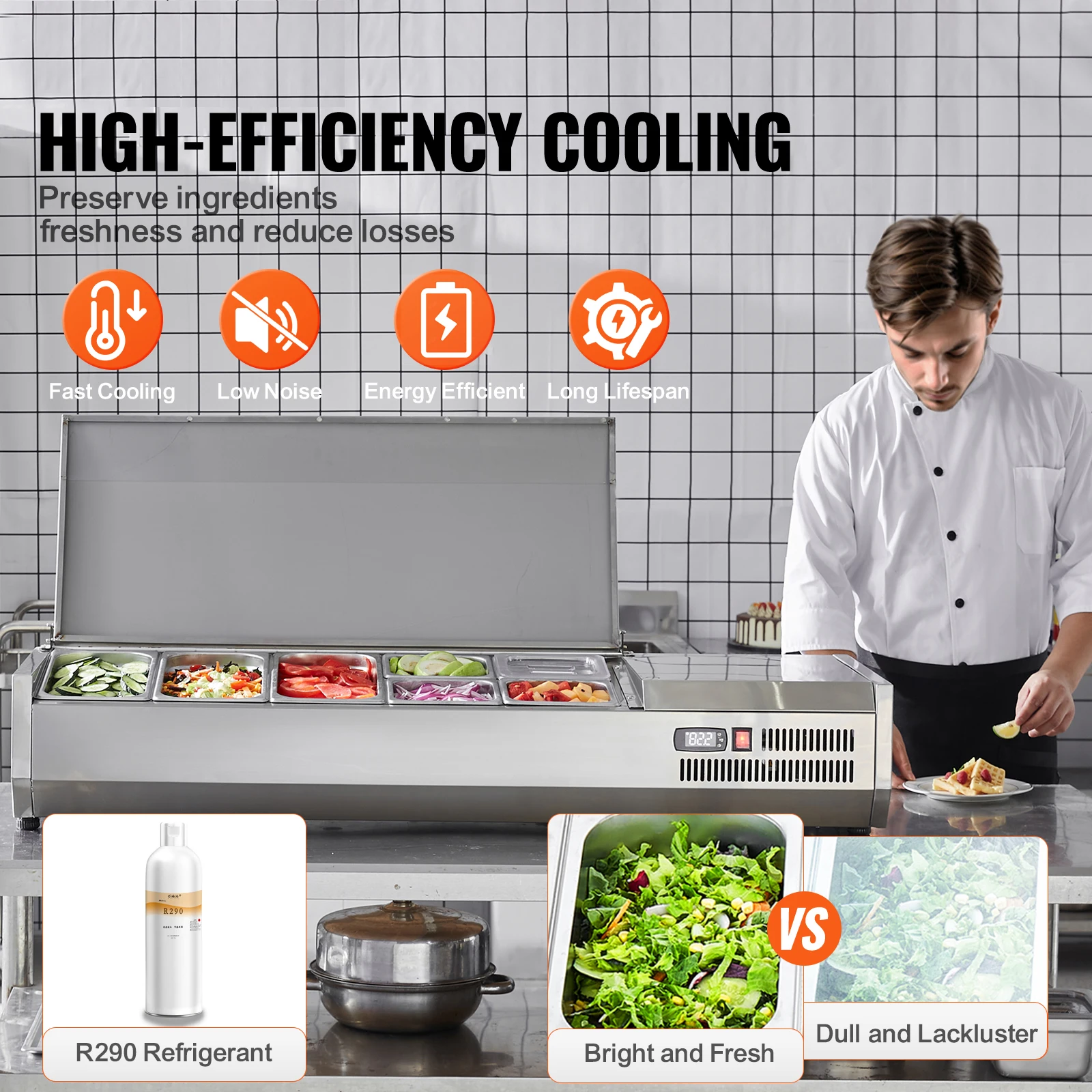 SucceBuy Refrigerated Condiment Prep Station with 3 1/3 Pans&4 1/6 Pans 304 Stainless Body and PC Lid with Stainless Guard ETL