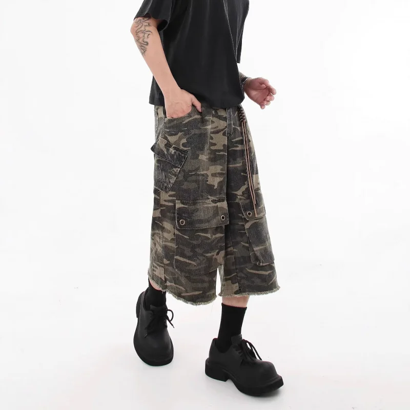 Celana Jeans Tujuh Saku Model Vintage Distressed Camouflage untuk Pria, Musim Panas, Model Longgar, Celana Cargo Multi-Kantong
