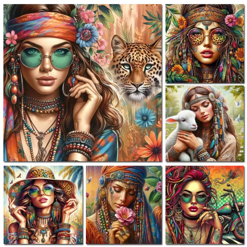 Feathers Leopard Flowers Woman Portrait Poster and Prints Gift Beauty Canvas Painting Wall Art for Living Room Home Decor Mural