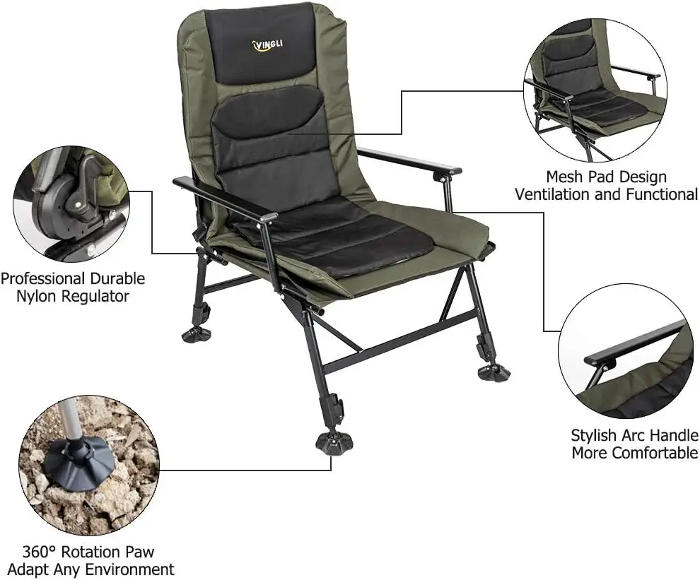 كرسي صيد السمك مع مسند للقدمين يدعم 440 رطل، كراسي تخييم كبيرة الحجم مع 160 °   ظهر مرتفع قابل للتعديل، كرسي الشاطئ للخارج