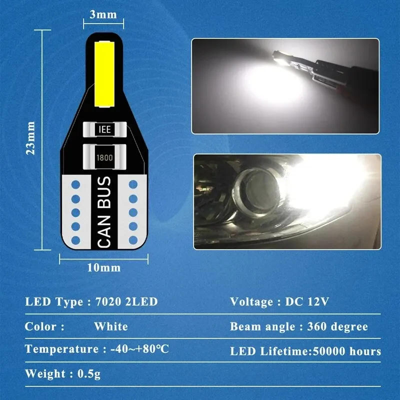 Ampoule Canbus LED T10 W5W 194 168 7020 Cob 2SMD, 10 pièces, lumières intérieures de voiture, lampe de lecture, ampoule à cale blanche sans erreur