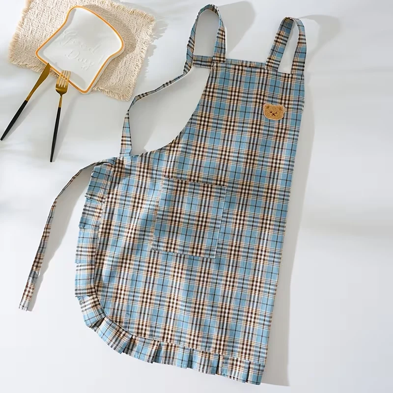 Women Vintage Plaid Kitchen Apron Cute Bear Patch Sleeveless H-Strap Back Tie Large Pocket Anti-oil Cooking Bib - view 4
