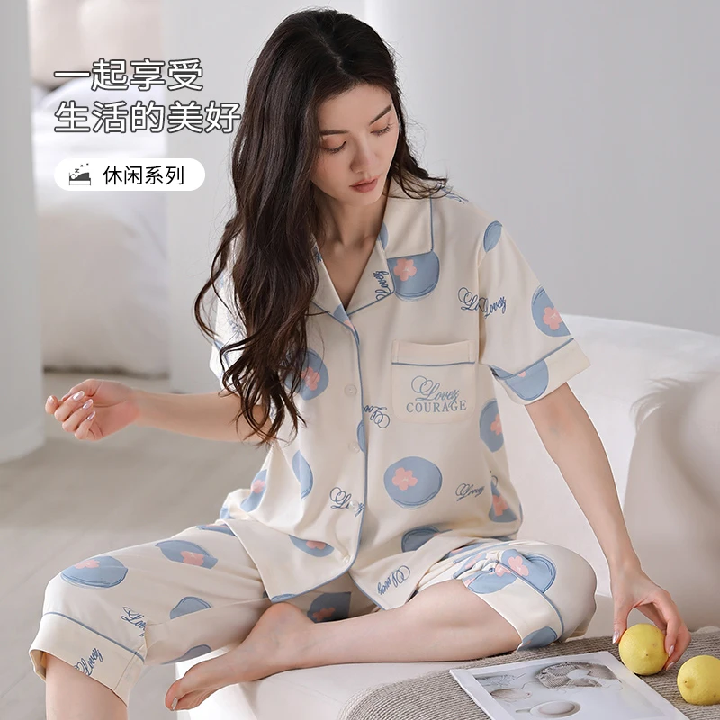 Summer 100%Cotton Floral Women Pajamas Set Short Sleeve Turn-down Collar Female Sleepwear Casual Soft M-XXL Women\'s Nightwear